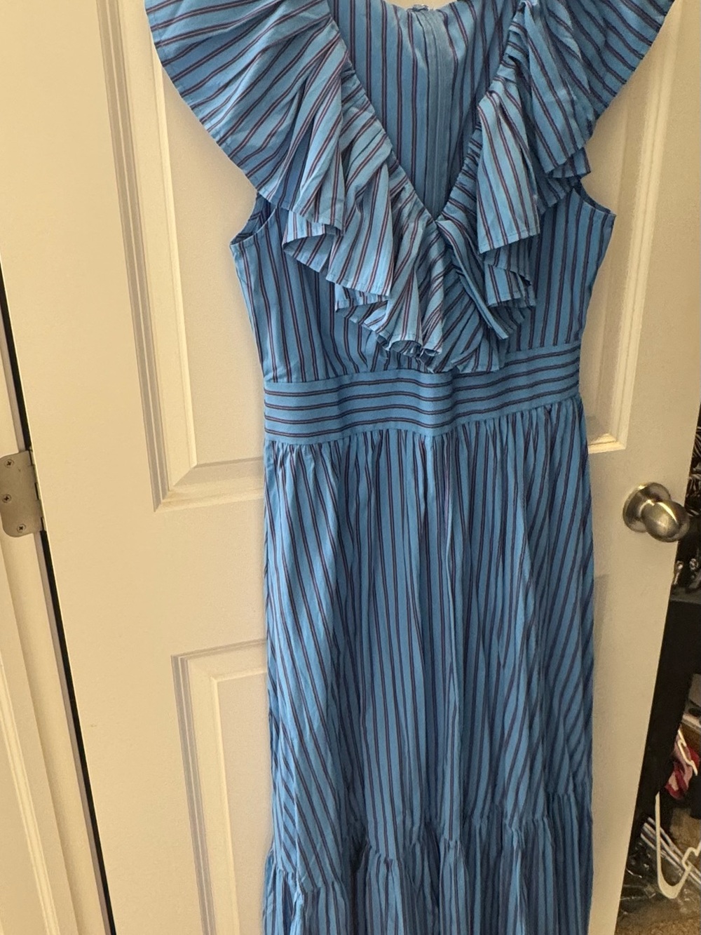 New York & Company Blue Striped Ruffle Maxi Dress